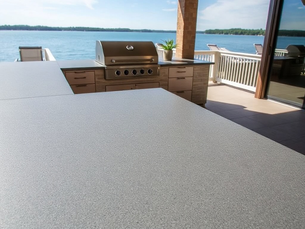 Dekton ultra-compact sintered stone outdoor kitchen countertop in a full-sun lakefront setting near Lake Norman
