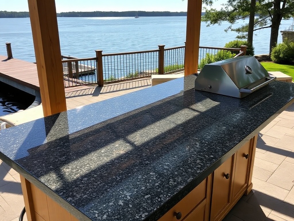 Leathered Black Pearl granite outdoor kitchen countertop installed on a Lake Norman lakefront patio in Huntersville NC