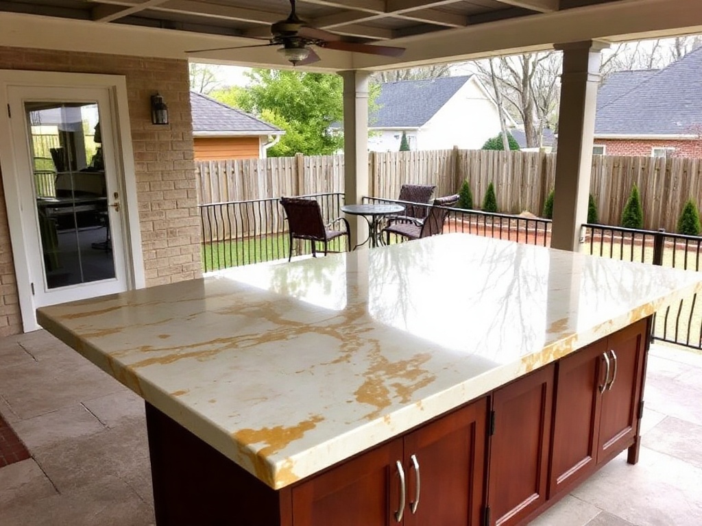 Taj Mahal quartzite outdoor grill island countertop on a covered patio in Cornelius NC